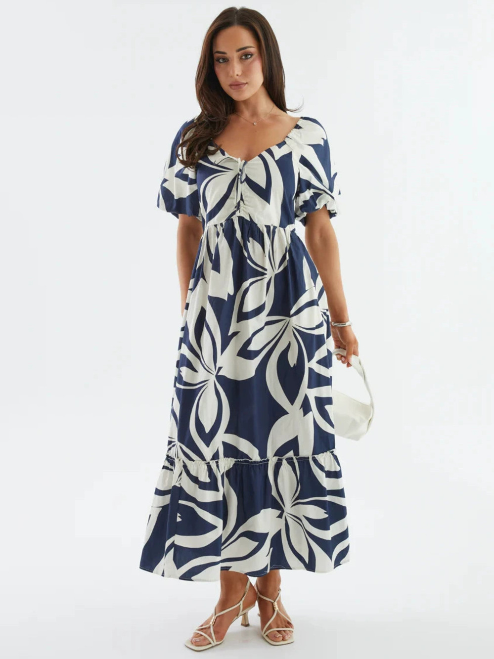 ZARA Summer Printed Puff Sleeve French Square Neck High Waist Flared Beach Dress
